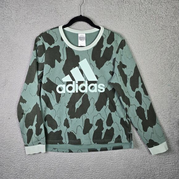Adidas Sweatshirt Womens S Green Black Camo Pullover Logo Spell Out Streetwear - Picture 1 of 10